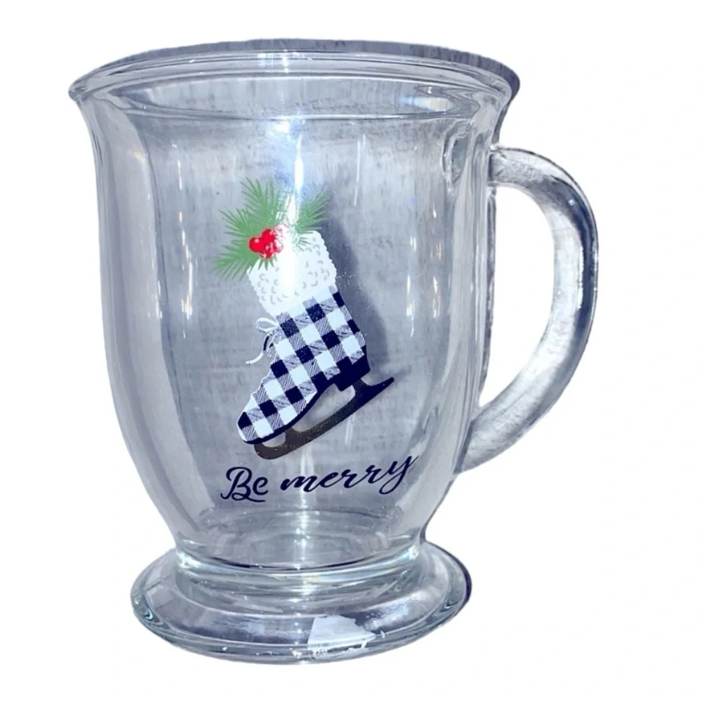 Be Merry glass Christmas mug Buffalo check ice skate